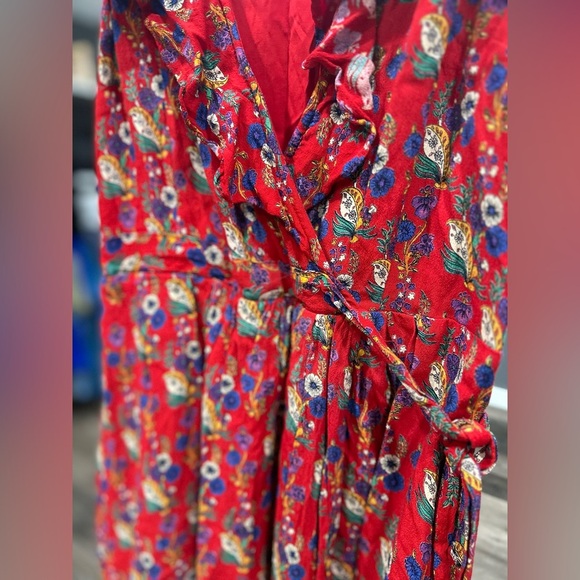 $150 Anthropologie Maeve Wrap Dress Red Floral Rosalia Ruffle Sleeveless Sz 0 - Picture 4 of 11